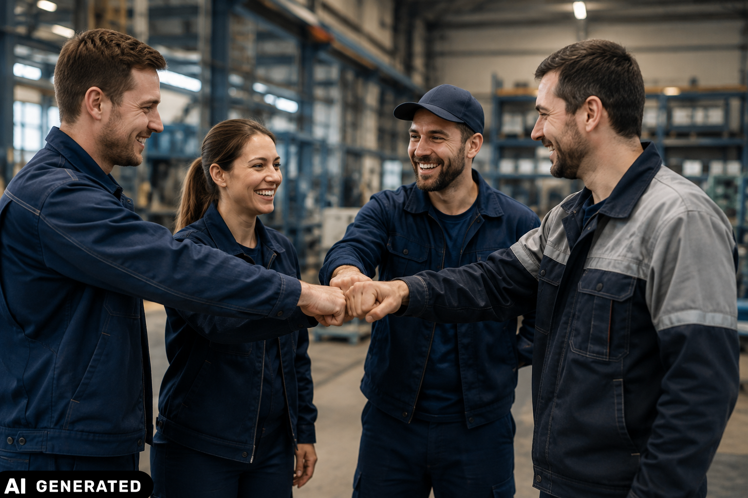 Mitarbeitende begrüßen sich per Handschlag in einer Produktionshalle